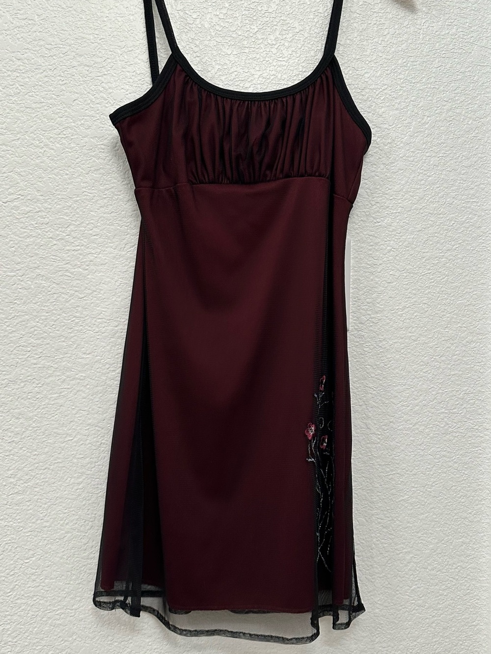 Sleeveless Burgundy Slip Dress with Black Trim